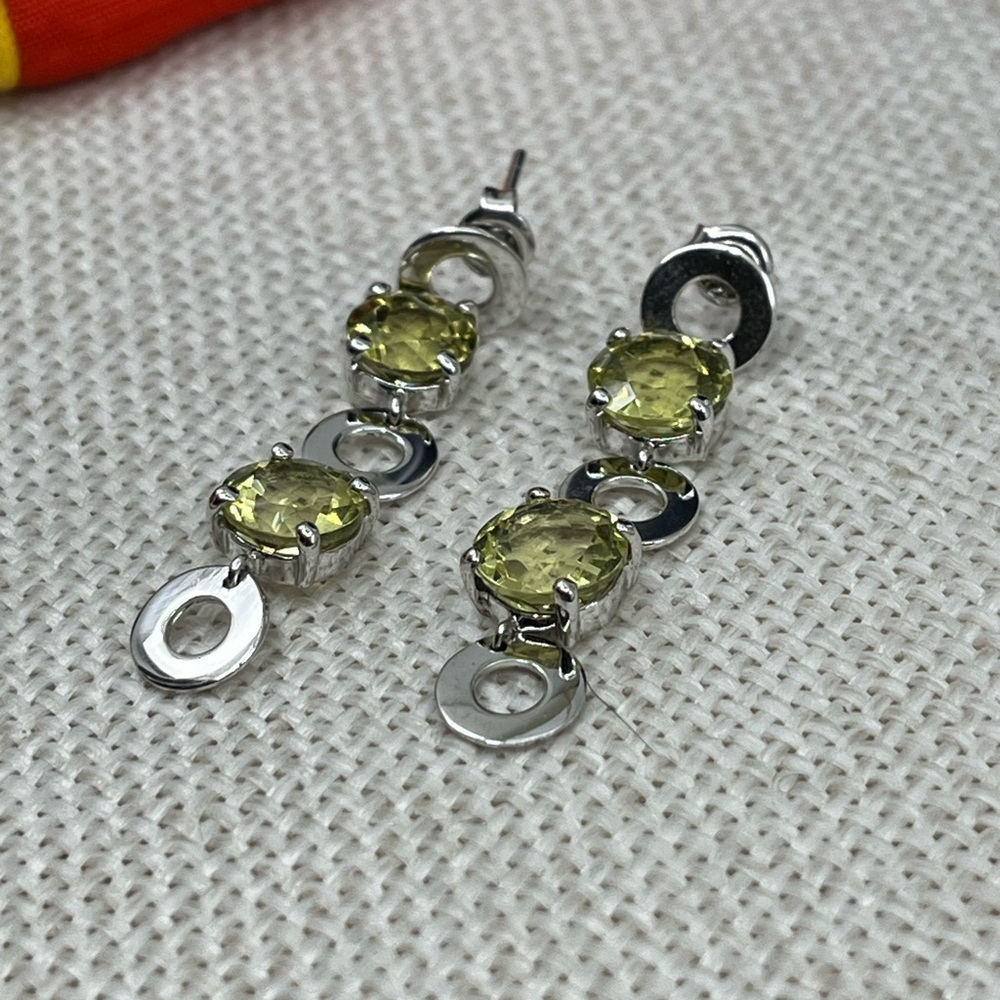 Vintage KN 925 Sterling Silver Yellow-Green Gemstone Dangle Earrings - Picture 5 of 17